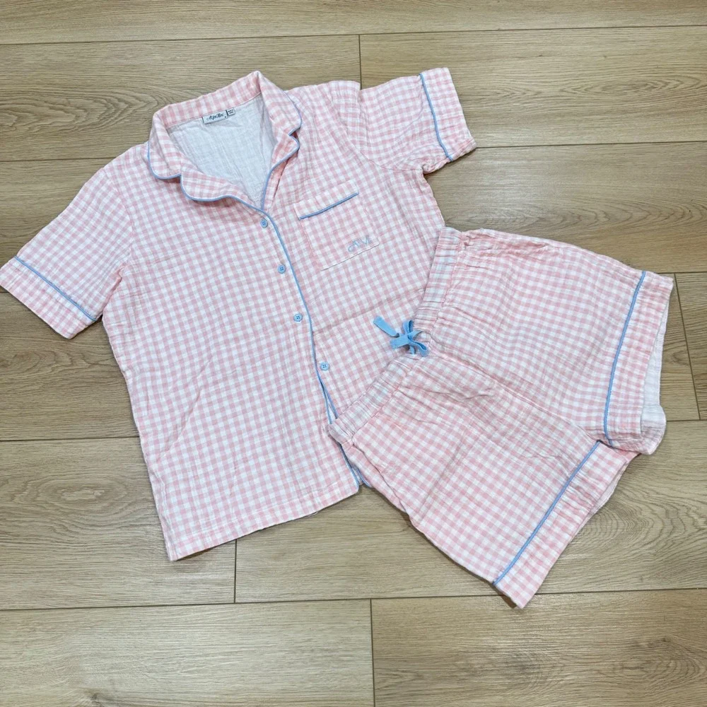 All for Mimi Pink Gingham 100% Cotton Gauze Pajama Set Short Sleeve Shorts M